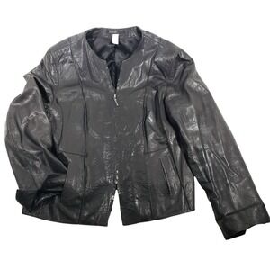 Jones New York Collection Womens XL Black 100% Leather Zip Collarless Jacket